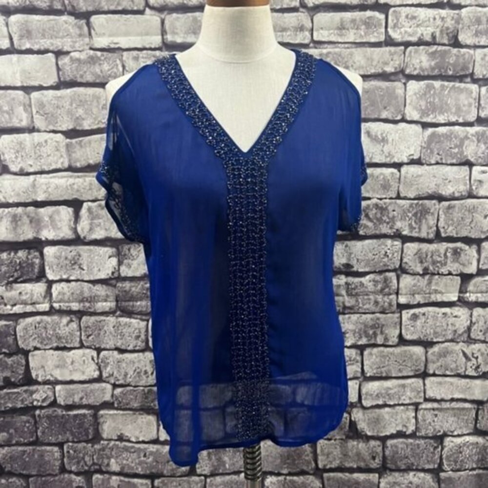 INC Blue Sheer Cold Shoulder Blouse Size 4